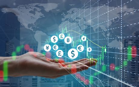 Double exposure of hand holding interface of Fintech and stock market or financial graph for financial investment concept.