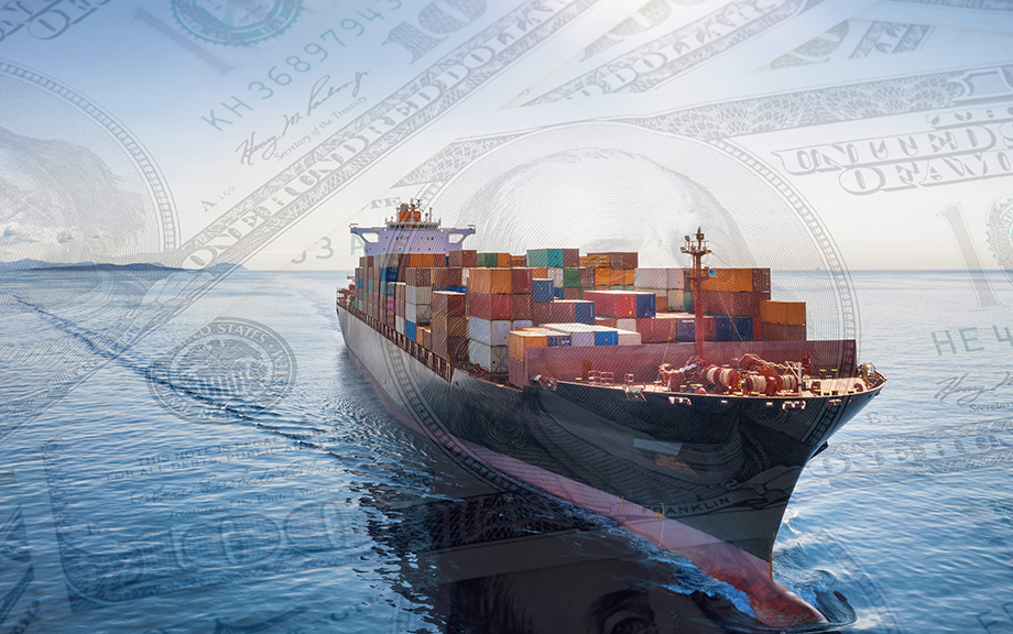photo: cargo ship with dollar bills in the background
