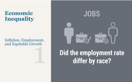 Illustration: Jobs: Did the employment rat differ by race? two figures with briefcases, one white, one black