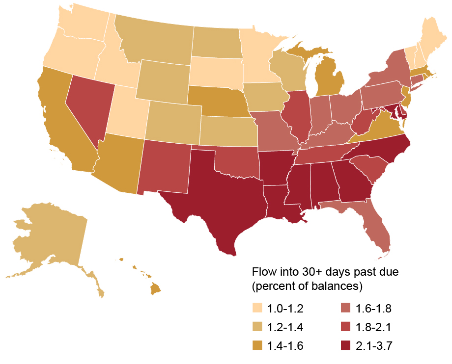 Map: Auto Loan Delinquency Concentrated in the South; Flow into 30+ days past due (percent of balances)