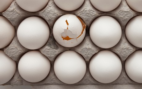 Photo: carton on eggs with one egg cracked