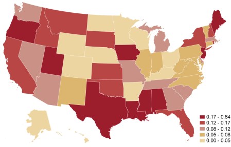 Heat map showing the fraction of firms reporting disaster-related losses, by state, in 2021. States along the Gulf Coast are shown as having the highest fraction of firms that suffered losses. States in the Northeast and on the West Coast also show high fractions.