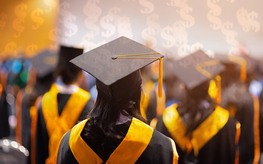 Photo: students in cap and gown graduation ceremony with dollars signs superimposed on the image.