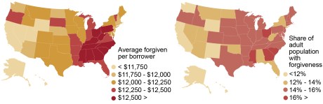 U.S. maps showing the statistics for federal student loan cancelation by borrower’s state of residence. The map on the left presents the average amount of debt forgiven per eligible borrower by state, while the map on the right presents the share of the adult population receiving any forgiveness. Southern states disproportionately benefit from loan cancellation while Western states receive less forgiveness.  