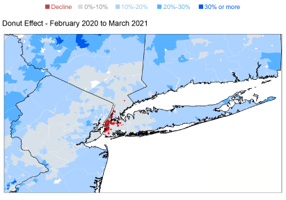 A map showing home price changes by zip code in and around New York City during the first year of the pandemic. 