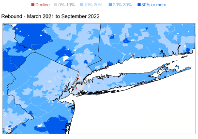 Mapa mostrando as mudanças nos preços dos imóveis por código postal na cidade de Nova York e arredores entre março de 2021 e setembro de 2022.