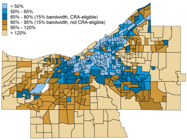 Shaded map showing all census tracts in Cuyahoga County, Ohio, by median-family-income (MFI) band and CRA-eligibility. Income bands: <50%; 50-65%; 65%-80%; 80-95%; 95-120%, and over 120% of the geographic MFI.