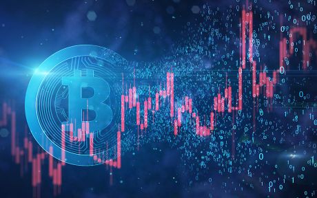 Decorative image: Bitcoin shape formed by binaries data of 0 and 1.