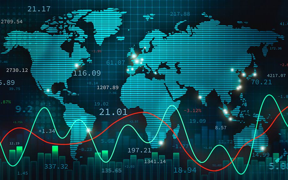 Decorative: illustration with the world map, infographics and numbers. International finance, trade and economy concept.