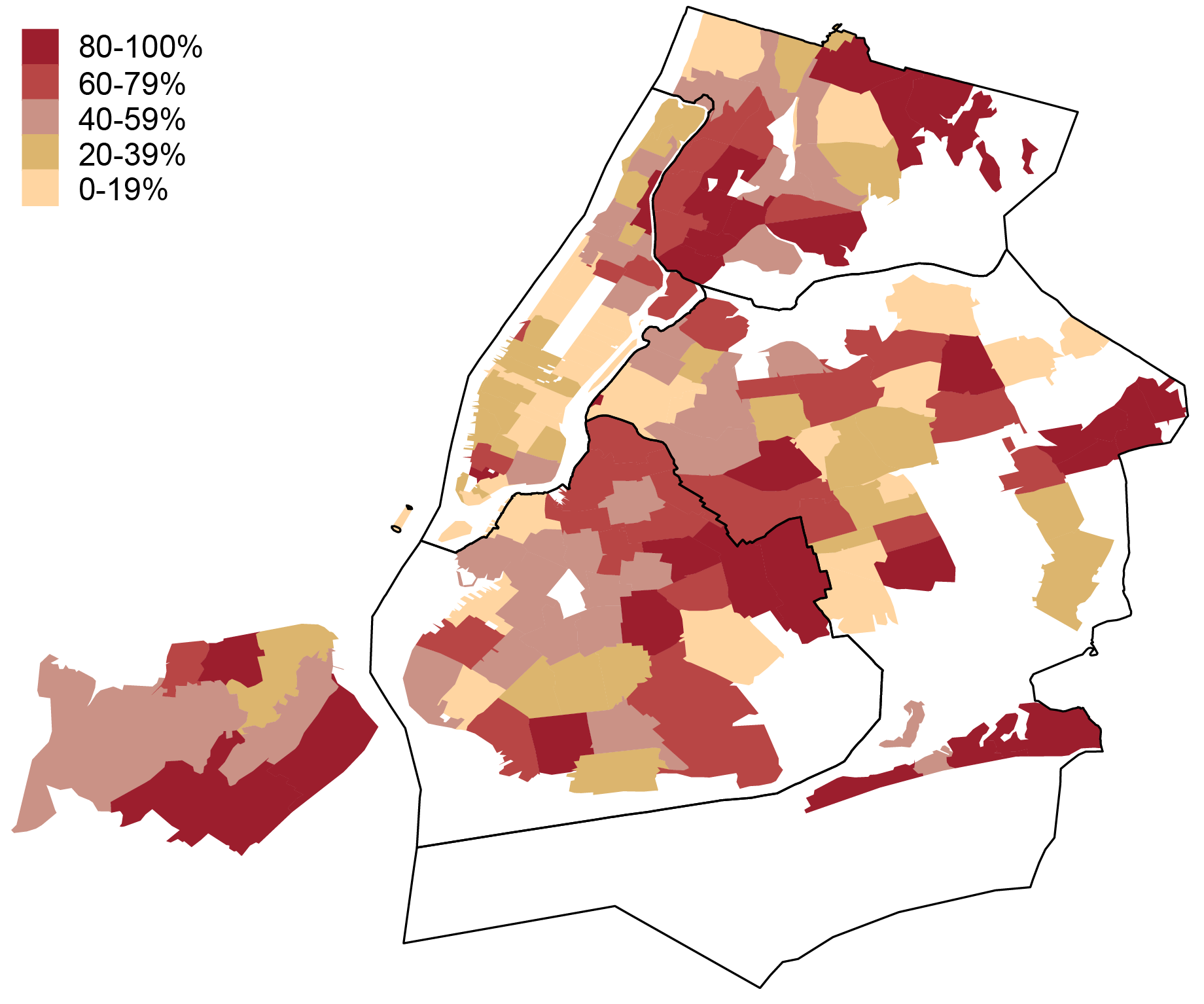 This map illustrates differences in mortgage loan-to-value ratios by zip code across New York City. The legend divides zip codes into five bands from 0-100 percent.