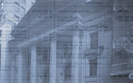 decorative photo: 19th century bank building with roman columns and resources/liabilities data superimposed.