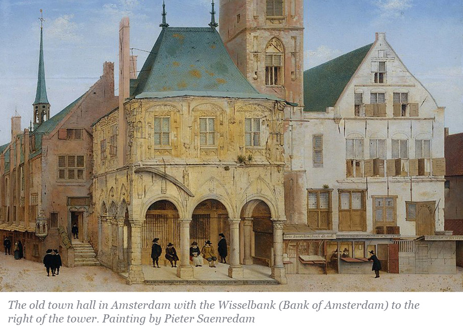 Painting of the old town hall in Amsterdam with the Bank of Amsterdam to the right by Pieter Saenredam.