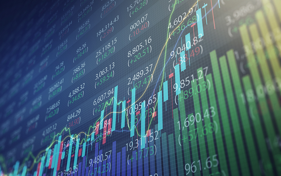 Decorative photo: stock market board with overlay of line and bar chart