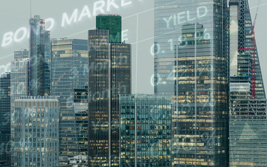 Decorative: corporate buildings with bond market yields superimposed.