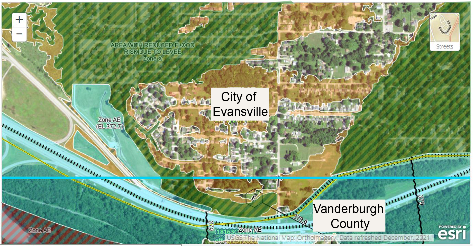An image from FEMA’s Map Service Center showing City of Evansville, Indiana, a region along the Ohio River with a small flood hazard area and a large 500-year flood zone.