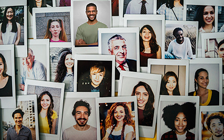 Dectorative image of collage of polaroids of diverse group of people portraits.