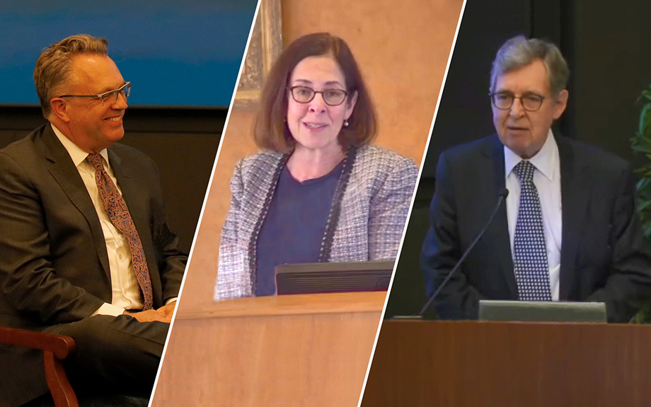 Photo of three speakers at the government policies conference: NY Fed president John Williams, senior economist Linda Goldberg, and Columbia University, economics,
