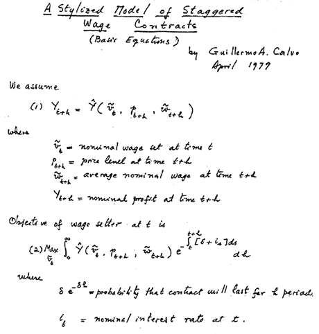 Handwritten notes by Maurice Obstfeld on a page of a 1979 draft of Guillermo Calvo's 1983 paper, "Staggered Prices in a Utility-Maximizing Framework." 