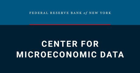Decorative illustration with medium blue and dark blue panels reading Federal Reserve Bank of New York at the top on light blue panel; red horizontal rule under it. Followed by Center for Microeconomic Data on dark blue panel below.