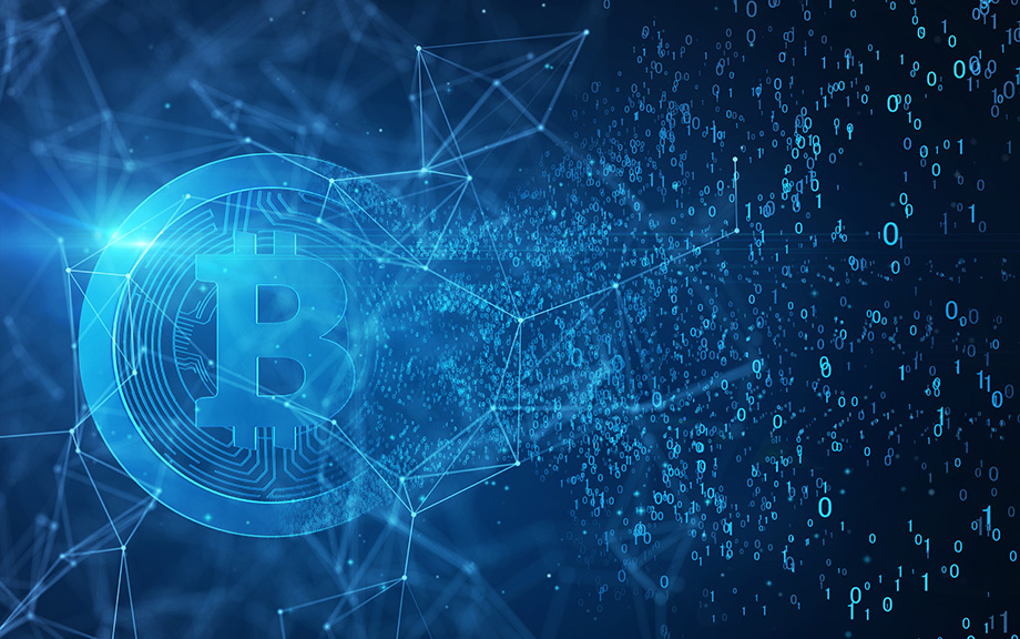 Decorative photo: B for Bitcoin symbol on dark blue background with 0s and 1s floating and lines connected to dots to imply network.