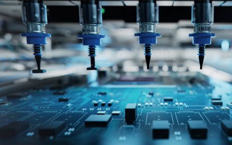 Decorative photo: blue image of close up of machinery building computer circuit boards.