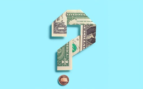 decorative: us dollar folded into a question mark with penny as the dot at the bottom on a turquoise background.