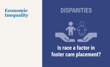 Illustration: dark purple background with illustration of two hands holding up two children of different races. Disparities: Is race a factor in foster care placement?