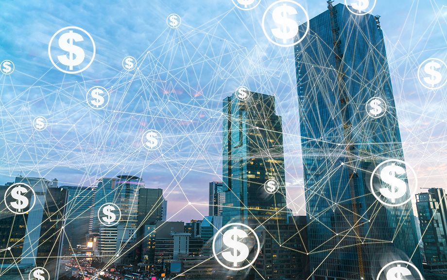 Decorative image: Aerial view of money transfer icon over cityscape