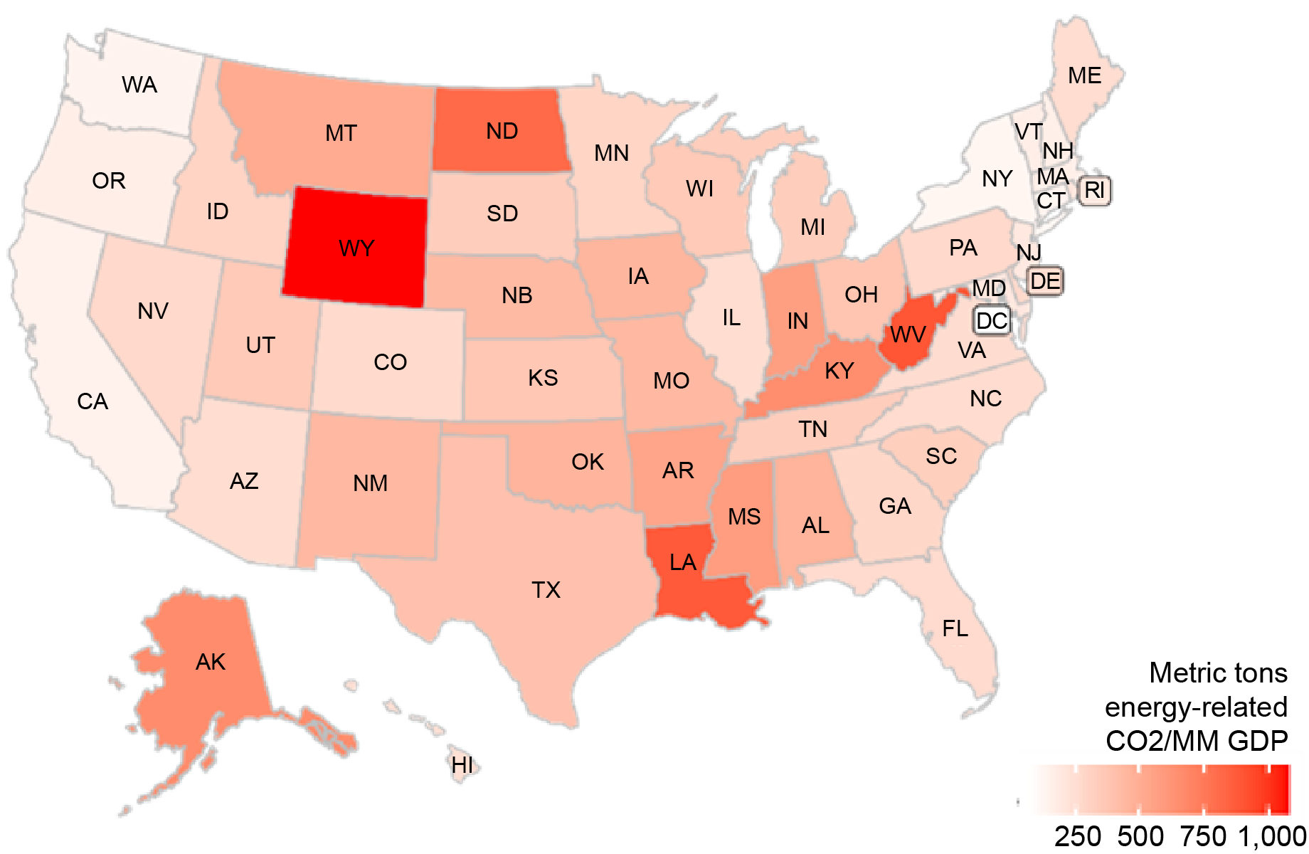 A map of the U.S. showing the amount of CO2 required to produce one million dollars of GDP, by state. Using data from the Energy Information Administration, it shows that the carbon intensity of the Federal Reserve’s Second District is lower than that of the rest of the nation.