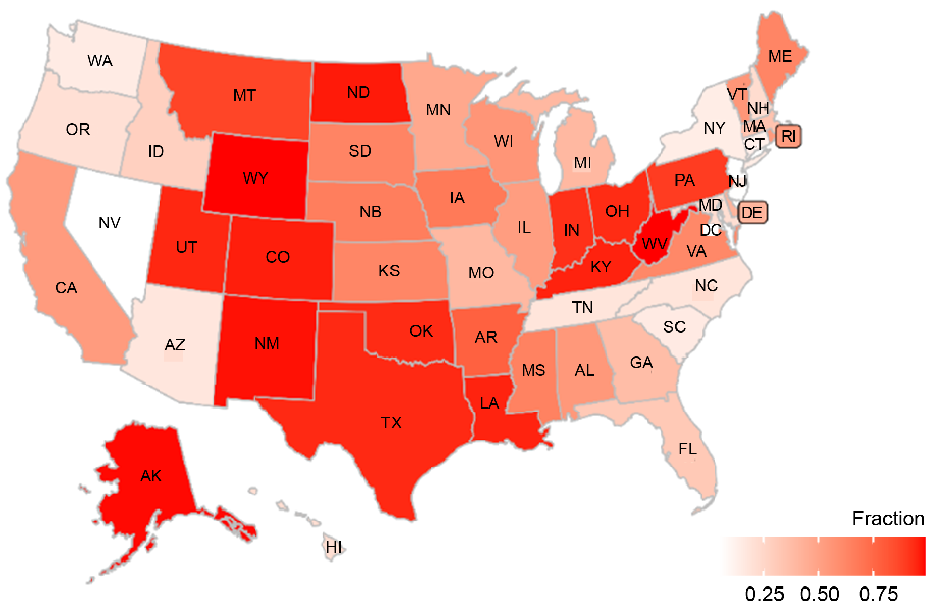 A map of the U.S. showing the carbon intensity of power generation by state on a scale from 0 to 1. Power generation the Second District is not very carbon dependent compared to parts of the Mid-West or the Great Plain States. 