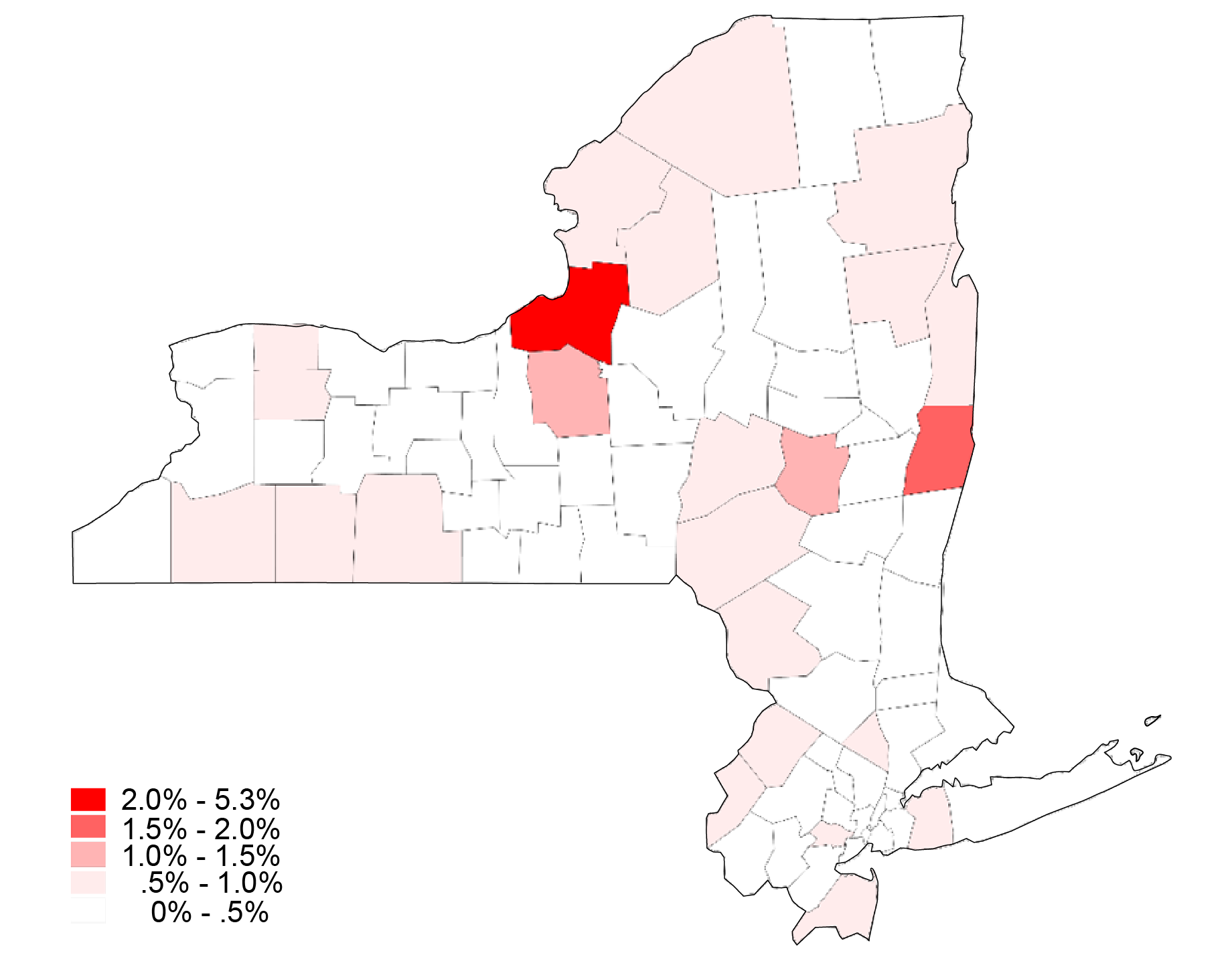 A map of counties in the Second District -- New York State, southeastern Connecticut, and northern New Jersey -- showing the share of each county's workforce that is employed in sectors such as mining, quarrying, extraction. and utilities. 