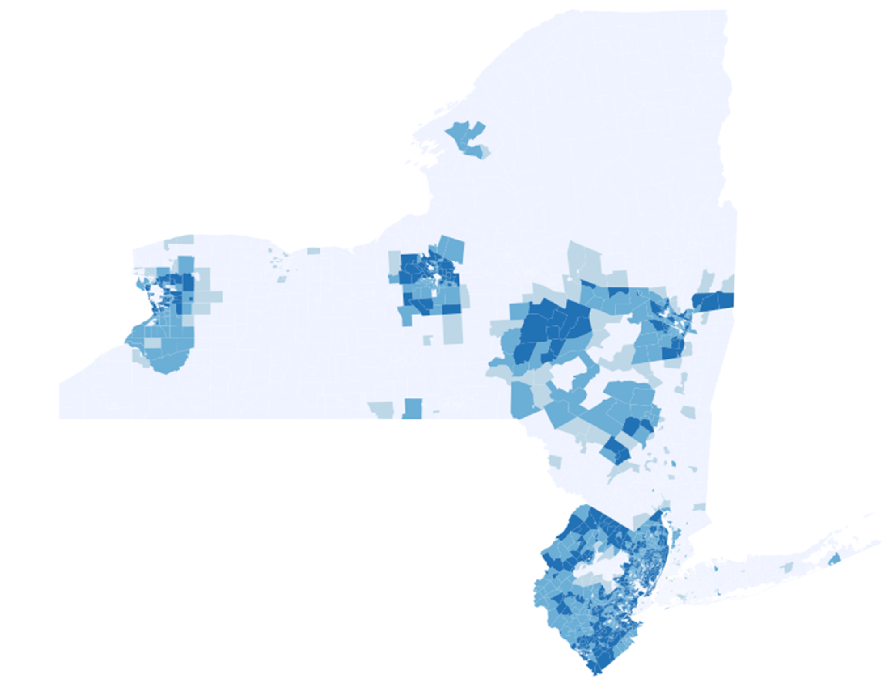 A map of the Federal’s Reserve’s Second District excluding Connecticut and overseas territories, highlights census tracts with positive map changes, that is, regions where the flood zone designation has been expanded, based on map changes between 2013 and 2022.