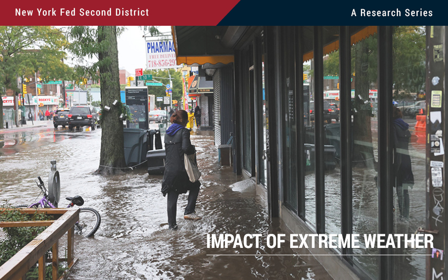 Decorative image: Woman walking in flood water to go shopping.