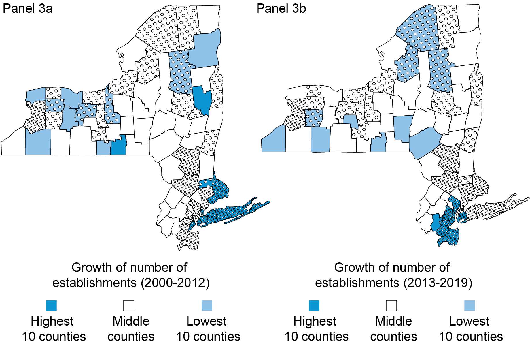  Flood risk maps of the Federal Reserve’s Second Dstrict plotting the distribution of the number of establishments across all industries in 2000 to 2012 (left) and the distribution of the ratio of the number of establishments across all industries in 2013 to 2019 (right). 