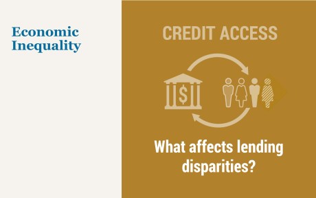 Illustration: Economic Inequality - Credit Access: What affects lending disparities? gold background with ill of a bank building and four people of different races. arrows showing a circular motion between them.