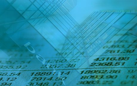 Decorative photo of tall buildings with bank sign and spreadsheet overlay.
