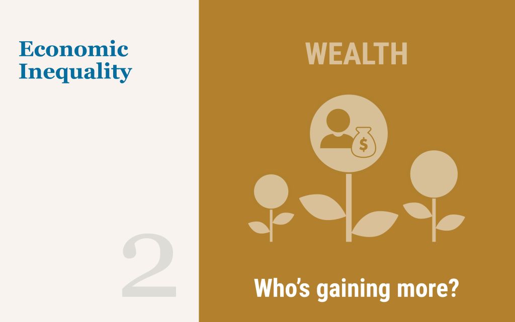 Decorative Illustration: 3 flowers one with person and bag with money symbol. Who's gaining more?