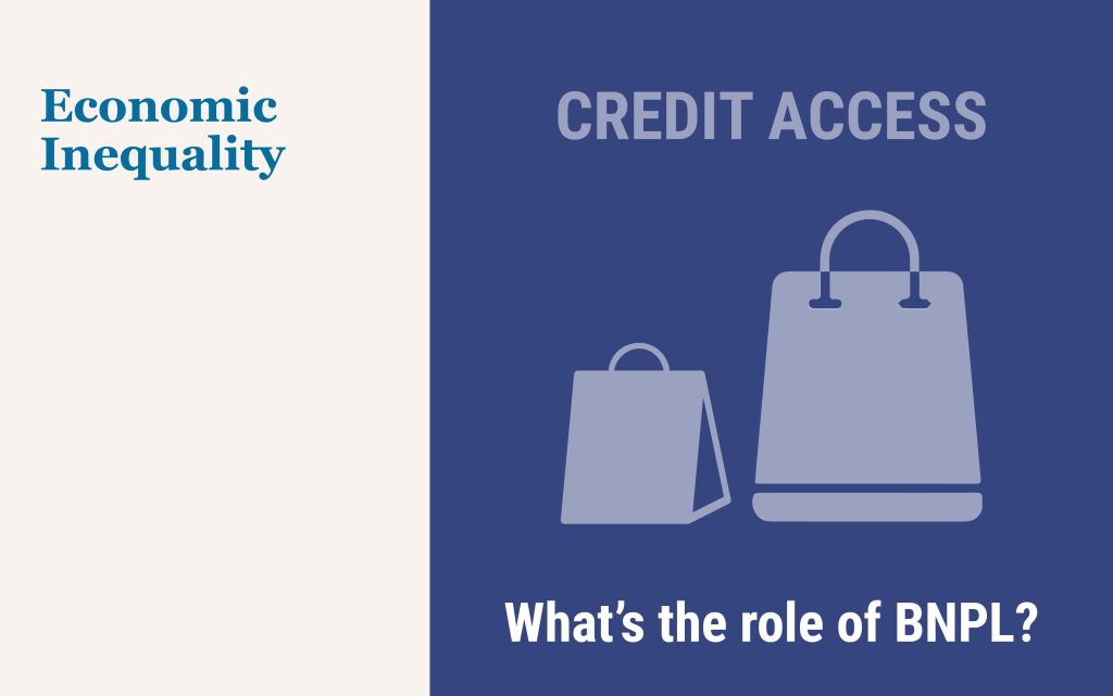 Decorative illustration: two shopping bags (small and large). Text on Image Credit access and What's the role of BNPL?