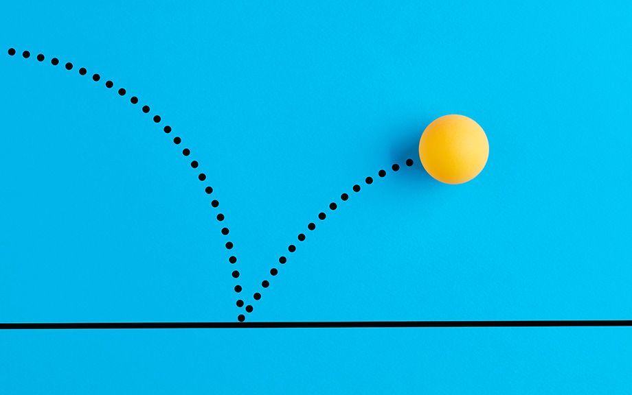 Photo illustration: tennis ball bouncing with a dotted line showing the bounce on a blue background.