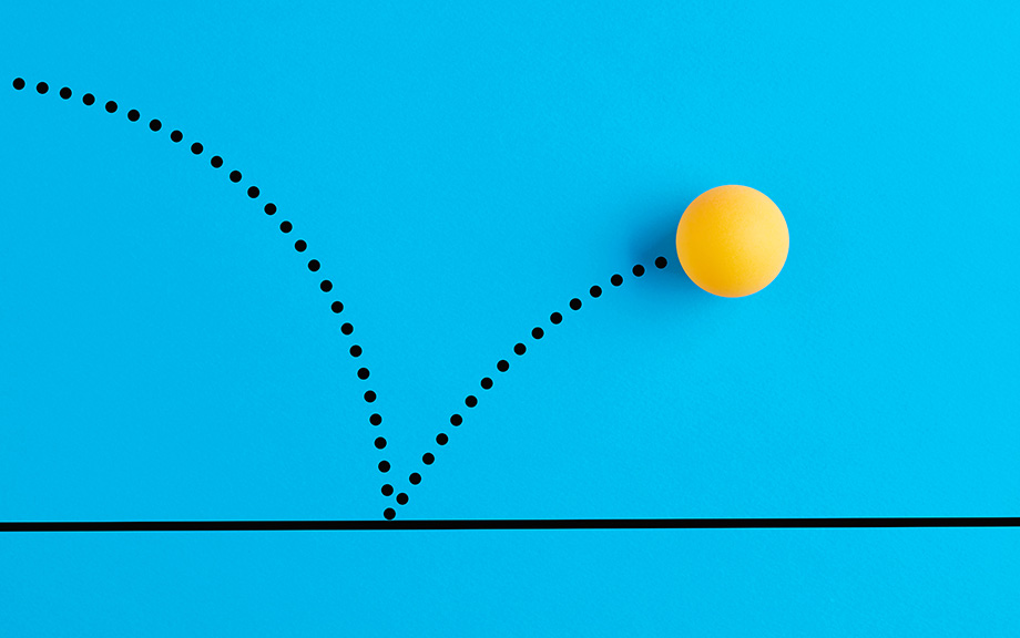 Photo illustration: tennis ball bouncing with a dotted line showing the bounce on a blue background.