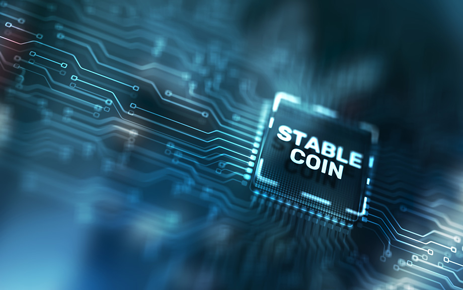 Decorative photo of computer board with "stable coin" letters embedded.