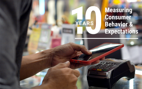 Photo: Man purchasing an item with his photo.  Text on image 10 Years Measuring Consumer Behavior and Expectations