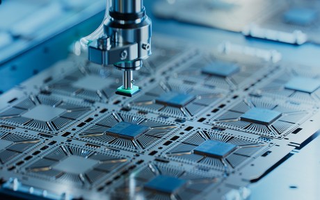  Close-up of Silicon Die are being Extracted from Semiconductor Wafer and Attached to Substrate by Pick and Place Machine. Computer Chip Manufacturing at Fab. Semiconductor Packaging Process.