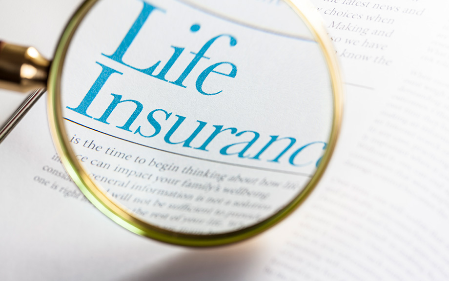 Decorative photo of a life insurance policy with a magnifying glass enlarging the words "Life Insurance".