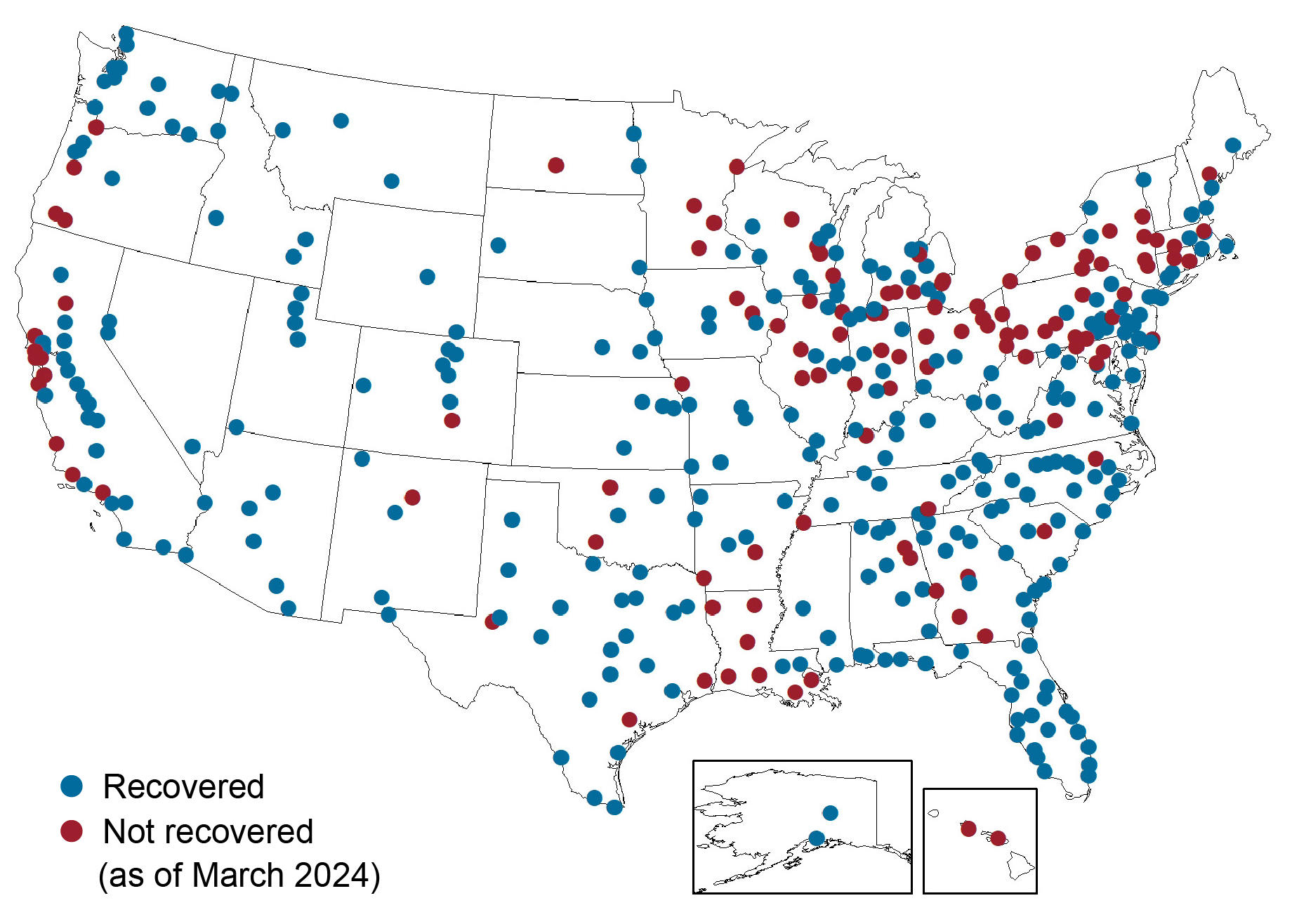 Map of the United States, with blue dots indicating regions where employment has recovered from the pandemic recession as of March 2024 and red dots indicating those where it has not. 