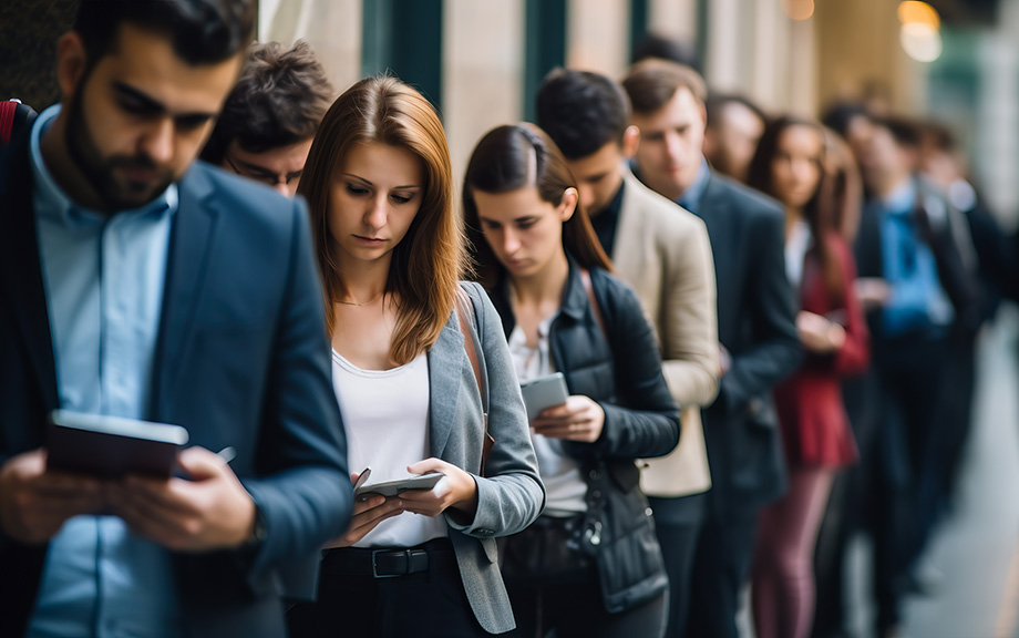 Job candidates standing in line, waiting for their turn to be interviewed for a new position at a corporate company. Shallow field of view.