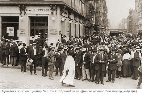 Depositors "run" on a failing New York City bank in an effort to recover their money, July 1914