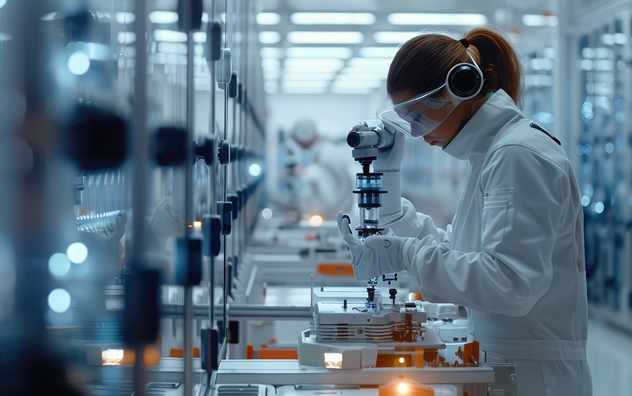 Photo: image of a young woman dressed in white overalls, gloves and safety glasses looking down and working with high-tech equipment in a manufacturing environment.