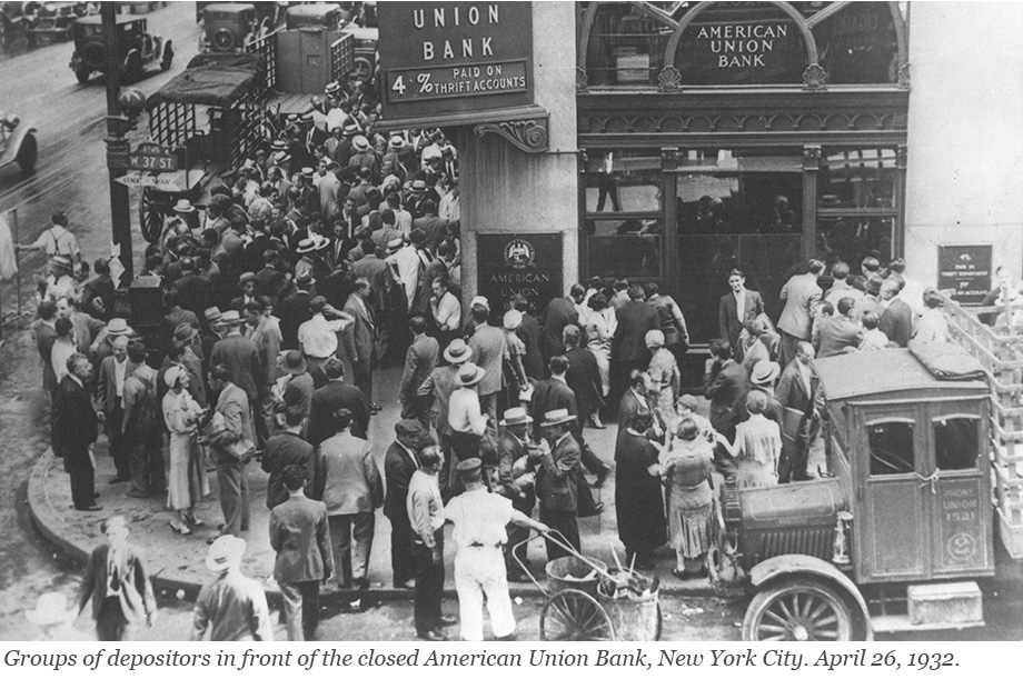 Photo of a group of depositors in front of the closed American Union Bank, New York City, April 26, 1932.