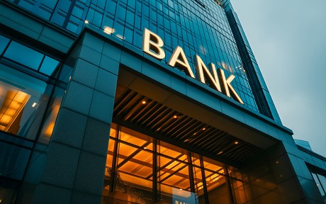 Photo: image of a large dark blue-green modern building with a gold BANK sign on the entrance.